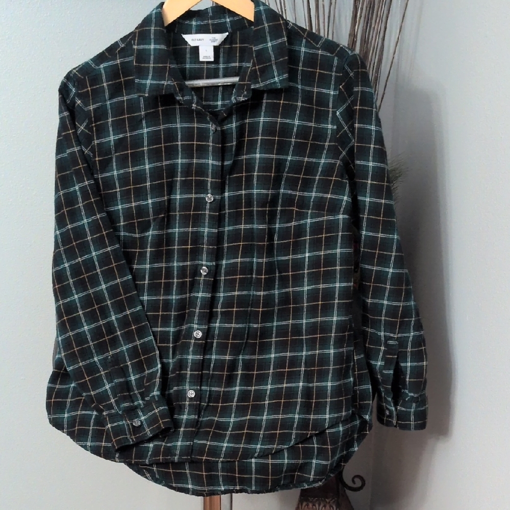 Old Navy Women's Green Plaid Button Down Shirt